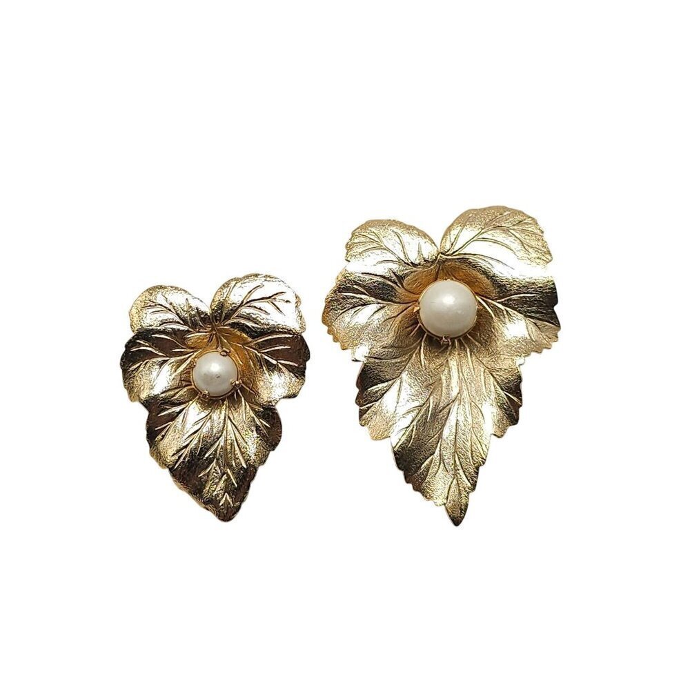 Sarah Coventry Gold Tone Leaf Brooches With Faux Pearl Accent